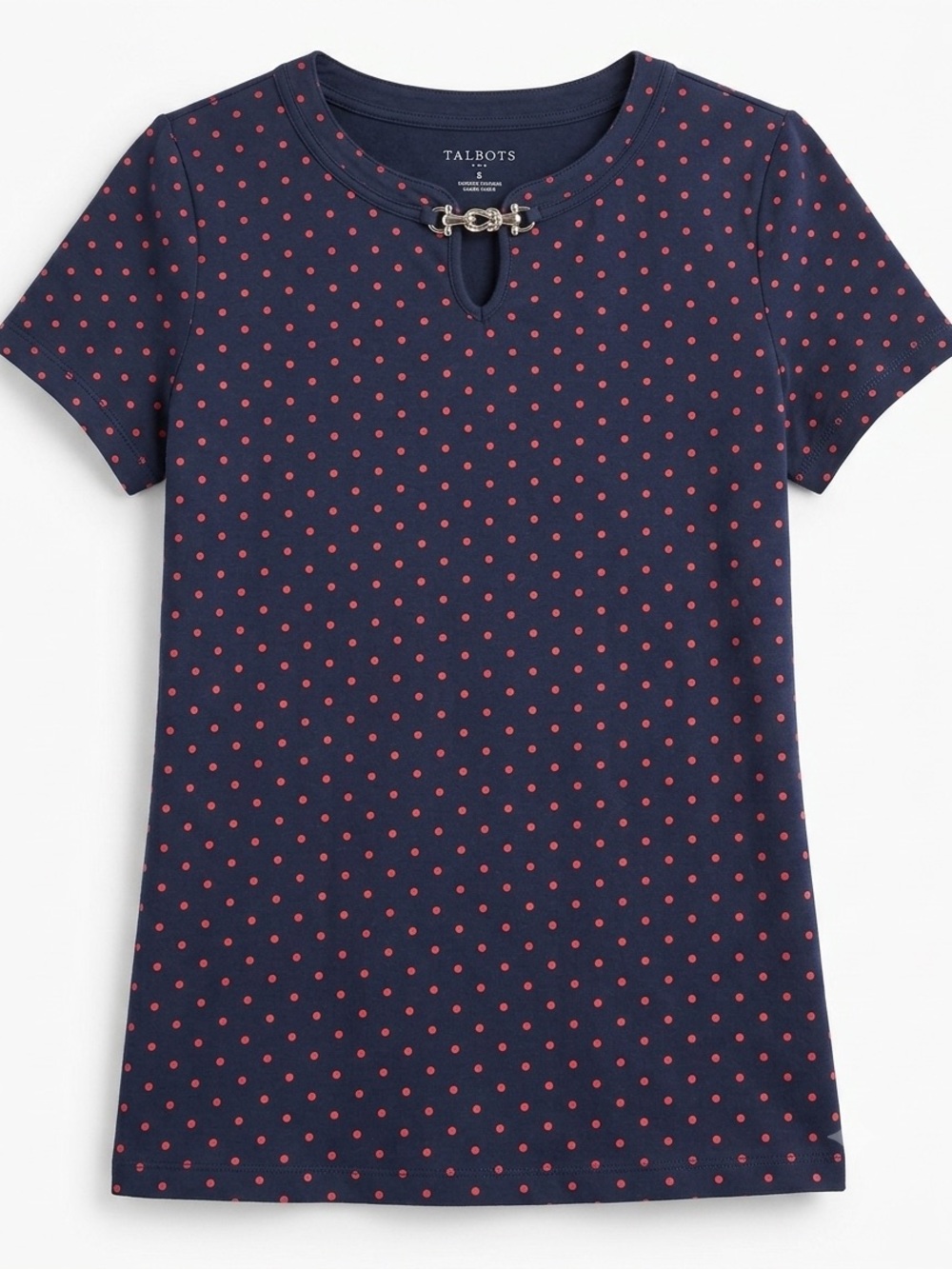Talbots Navy Short Sleeve Polka Dot Top with Silver Buckle Detail